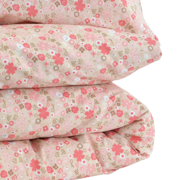 Parure de lit enfant rose fille gaze de coton 100x140 cm taie d'oreiller et housse de couette motif fleurs coton bio oekotex