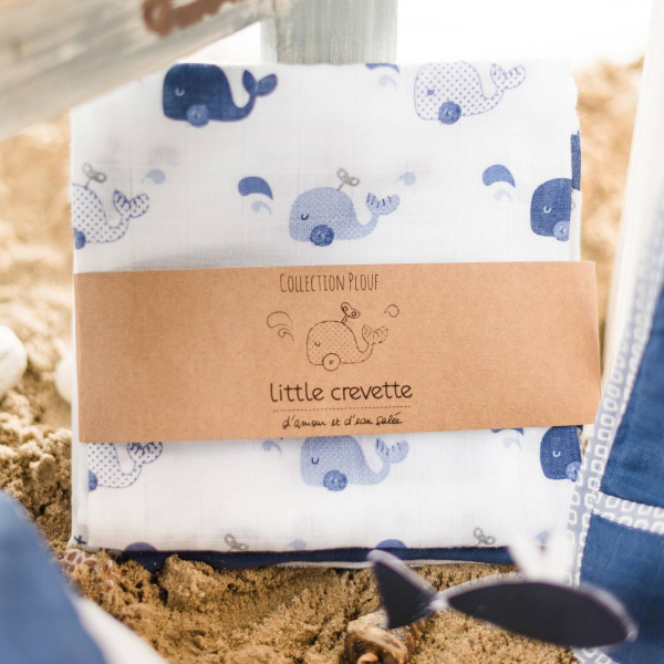 lot de 3 langes bébé mixte garçon fille blanc et bleu motif baleine en coton bio oekotex