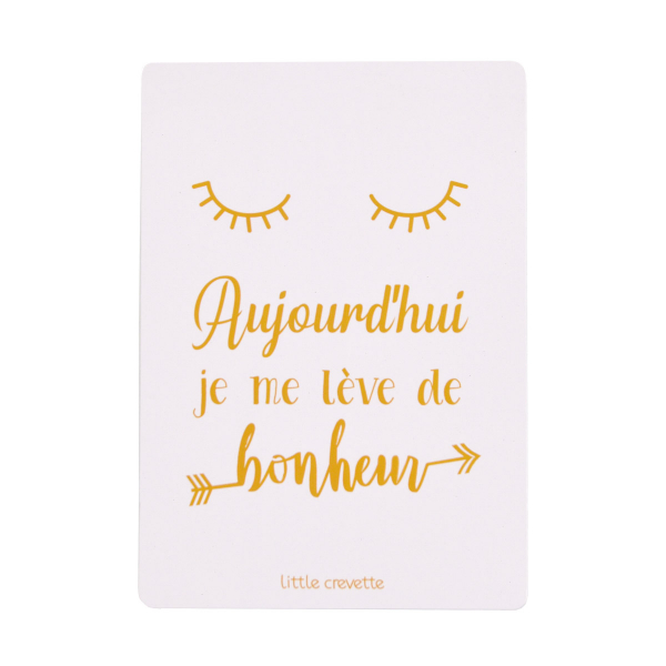 grande carte postale décorative chambre d'enfant format A5 avec phrase optimiste "Aujourd'hui je me lève de bonheur"