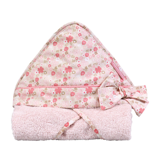 cape de bain bébé fille fleurs roses avec gros nœud coton bio