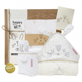 coffret cadeau bain bébé mixte lapin, cape de bain, bac à couches et maxi lange en coton bio