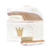 Trousse de toilette plutôt fille rose pale brodé d'une couronne intérieur imperméable format vanity en coton bio