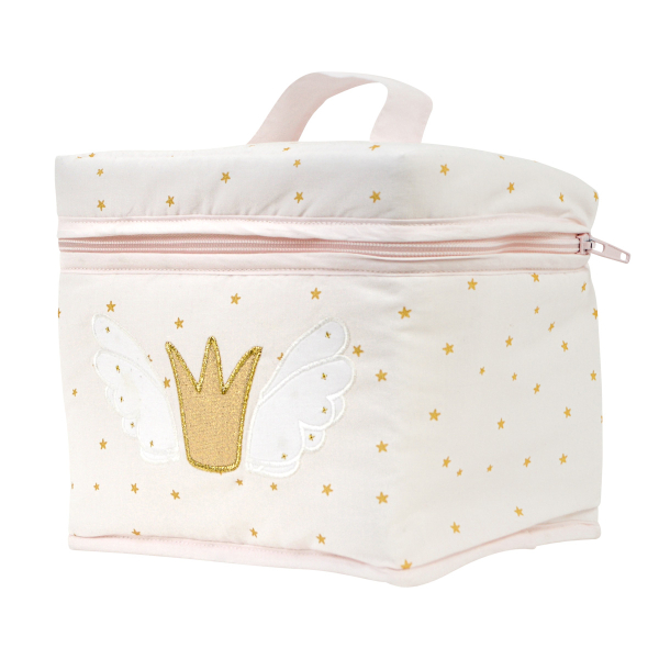 Trousse de toilette plutôt fille rose pale brodé d'une couronne intérieur imperméable format vanity en coton bio