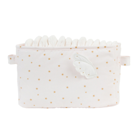 Bac rangement à couches en tissu rose pâle motif étoiles dorées, avec petites ailes en relief, coton bio