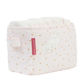Bac rangement à couches en tissu rose pâle motif étoiles dorées, avec petites ailes en relief, coton bio