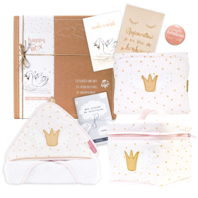 coffret bain bebe cape de bain éponge, tapis à langer nomade et trousse de toilette thème princesse coton bio et oekotex 100