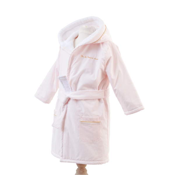peignoir enfant fille rose pale à capuche coton bio et oekotex