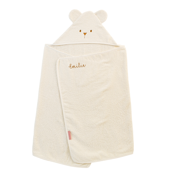 cape de bain bébé rectangulaire à oreilles ourson  écrue coton bio oeko-tex brodée au prénom