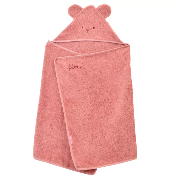 cape de bain bébé rectangulaire à oreilles ourson bois de rose coton bio oeko-tex personnalisé au prénom