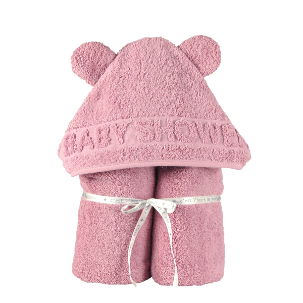 cape de bain bébé à oreilles Baby Shower vieux rose coton bio oeko-tex