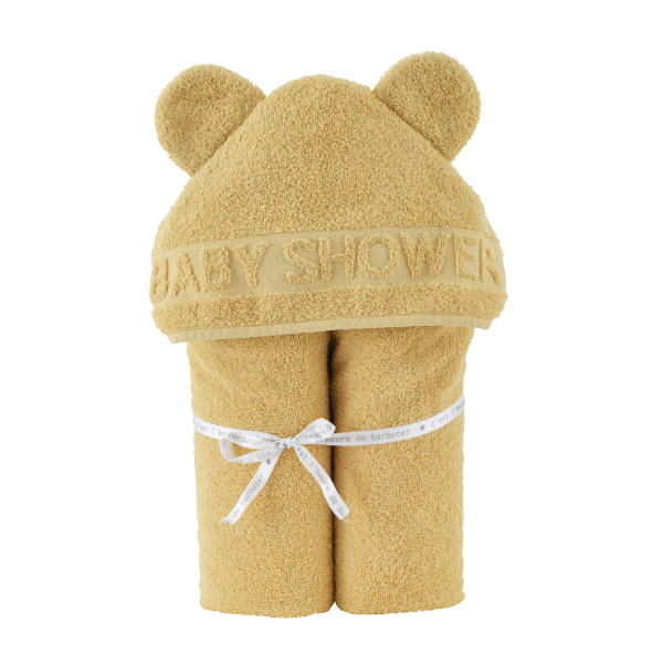 cape de bain bébé à oreilles Baby Shower moutarde coton bio oeko-tex