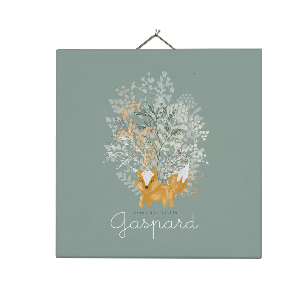 tableau déco enfant personnalisé au prénom thème foret et renard, fond vert