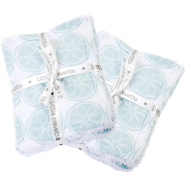 lingettes bébé en tissu lavable et réutilisable gaze de coton et éponge motif rondelles de citron bleues bio et oekotex