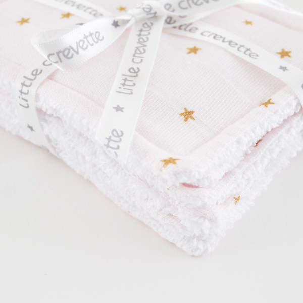 lingettes bébé en tissu lavable et réutilisable gaze de coton et éponge motif étoiles dorées coton bio et oekotex
