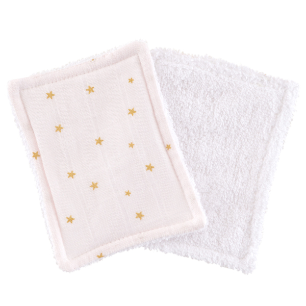 lingettes bébé en tissu lavable et réutilisable gaze de coton et éponge motif étoiles dorées coton bio et oekotex