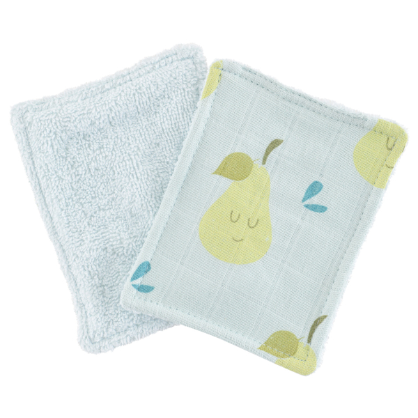 lingettes bébé en tissu lavable et réutilisable gaze de coton et éponge motif poires coton bio et oekotex