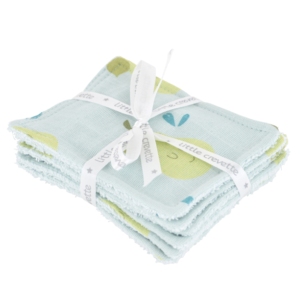 lingettes bébé en tissu lavable et réutilisable gaze de coton et éponge motif poires coton bio et oekotex