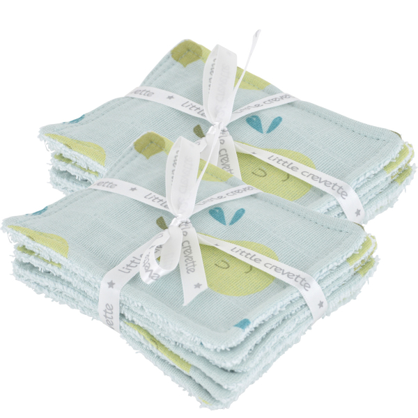 lingettes bébé en tissu lavable et réutilisable gaze de coton et éponge motif poires coton bio et oekotex
