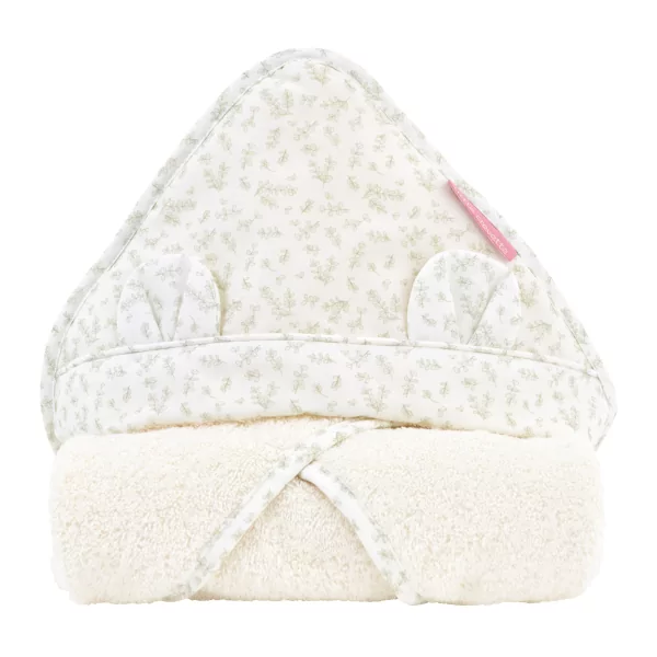 cape de bain bébé éponge coton bio capuche avec oreilles motif feuilles de buis