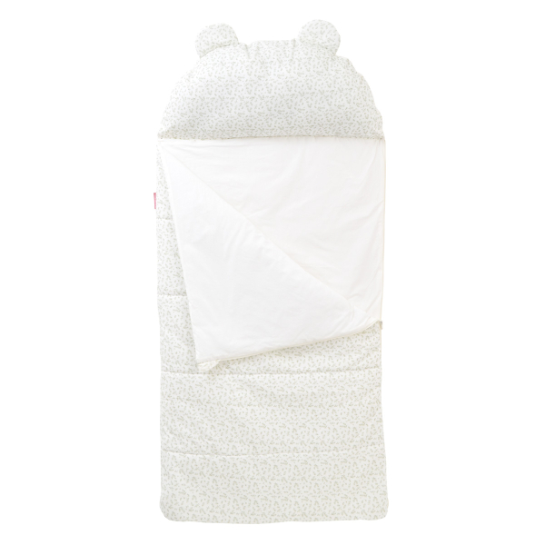 sac de couchage enfant maternelle coton bio avec oreiller intégré et sac de transport motif feuilles brodé au prénom