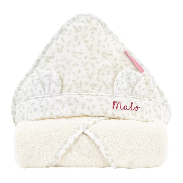 cape de bain personnalisée bébé éponge coton bio capuche avec oreilles motif feuilles de buis