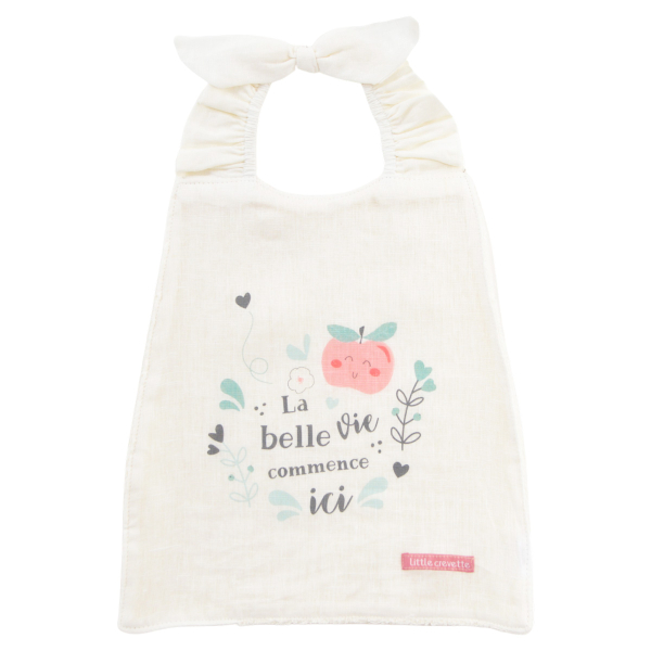 grande serviette élastiquée en lin et éponge motif pomme et phrase la belle vie en coton bio oekotex