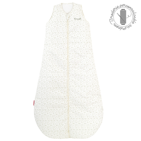 Gigoteuse pour enfant de 3 à 6 ans longueur 130 cm imprimé motif buis écru et vert en coton bio personnalisée prénom