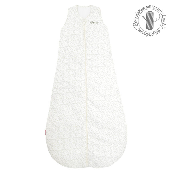 Gigoteuse pour enfant de 6 à 10 ans longueur 150 cm imprimé motif buis écru et vert en coton bio personnalisée prénom