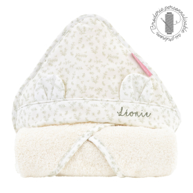 cape de bain personnalisée bébé éponge coton bio capuche avec oreilles motif feuilles de buis