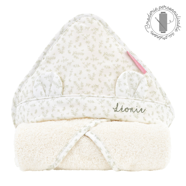 cape de bain personnalisée bébé éponge coton bio capuche avec oreilles motif feuilles de buis