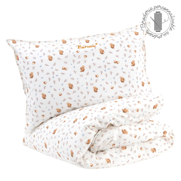 parure de lit bébé personnalisé prénom motif écureuil coton bio housse de couette 100x140 cm et taie d'oreiller 40x60 cm