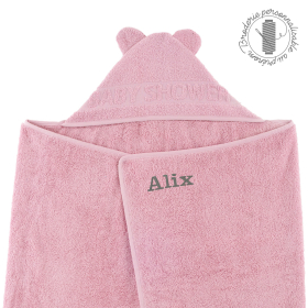 Cape de bain à oreilles vieux rose personnalisée au prénom coton bio oeko-tex