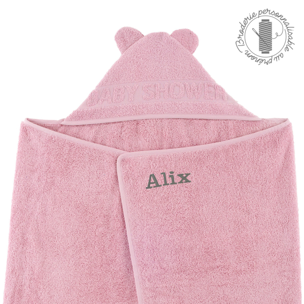 Cape de bain à oreilles vieux rose personnalisée au prénom coton bio oeko-tex