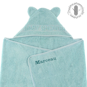 Cape de bain à oreilles vert céladon personnalisée au prénom coton bio oeko-tex
