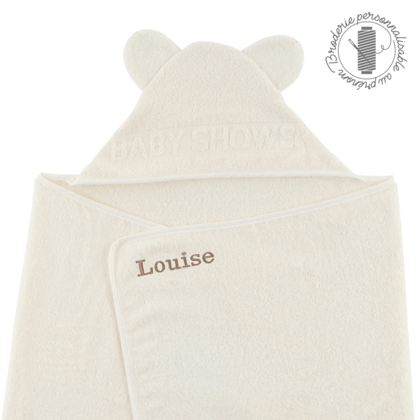 Cape de bain bébé mixte garçon fille écrue oreilles à personnaliser prénom avec broderie coton bio oekotex