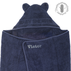Cape de bain bébé mixte garçon fille bleu marine oreilles à personnaliser prénom avec broderie coton bio oekotex