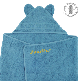 Cape de bain bébé mixte garçon fille bleu canard oreilles à personnaliser prénom avec broderie coton bio oekotex