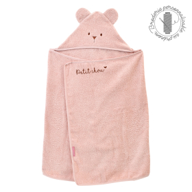 cape de bain bébé rectangulaire à oreilles ourson rose pâle coton bio oeko-tex brodée au prénom