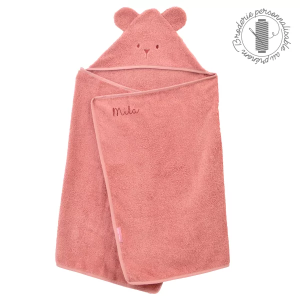 cape de bain bébé rectangulaire à oreilles ourson bois de rose coton bio oeko-tex personnalisé au prénom