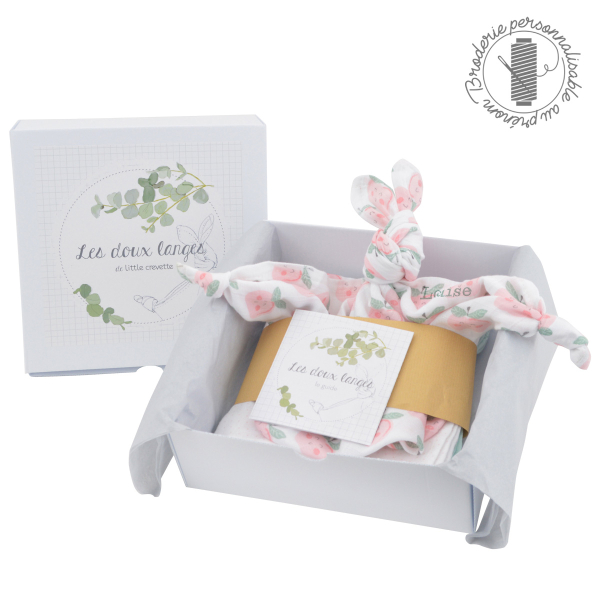 coffret cadeau bebe fille personnalisable prenom broderie lange coton bio oekotex doudou motif pomme d'amour rose