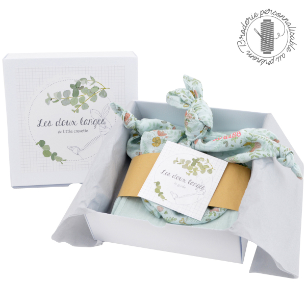 coffret cadeau bebe personnalisable prenom broderie lange coton bio oekotex doudou motif paradis bleu fleur