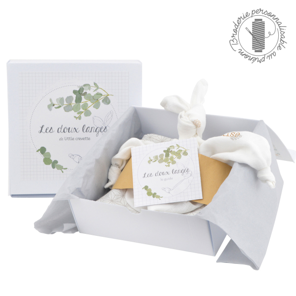 coffret cadeau bebe personnalisable prenom broderie lange coton bio oekotex doudou écru