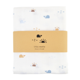 maxi lange 120 x 120 cm en gaze de coton bio écru imprimé baleines et soleil bleu et ocre