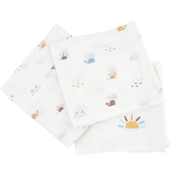 lot de 3 petits langes baleine 60x60 cm en coton bio fond écru bleu marron et ocre