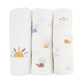 lot de 3 petits langes baleine 60x60 cm en coton bio fond écru bleu marron et ocre