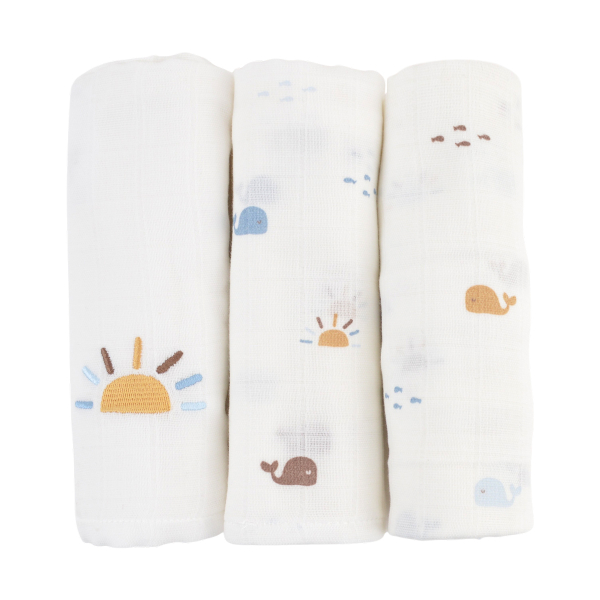 lot de 3 petits langes baleine 60x60 cm en coton bio fond écru bleu marron et ocre