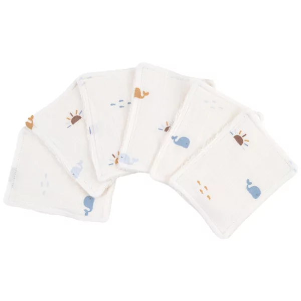 Lot de 6 lingettes bébé lavables et réutilisables en lange et éponge coton bio imprimé baleine, soleil et arc-en-ciel