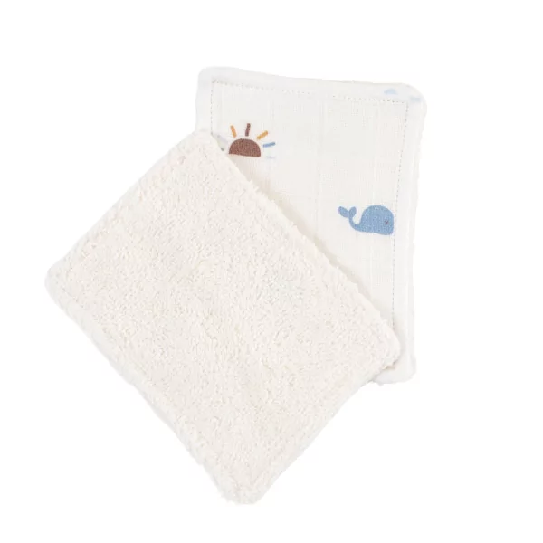 lot de 12 lingettes bébé lavables et réutilisables en lange et éponge coton bio imprimé baleine, soleil et arc-en-ciel