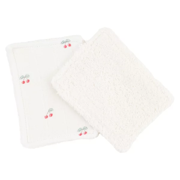 lot de 6 lingettes bébé lavables et réutilisables en lange et éponge pur coton bio écrues motif cerises