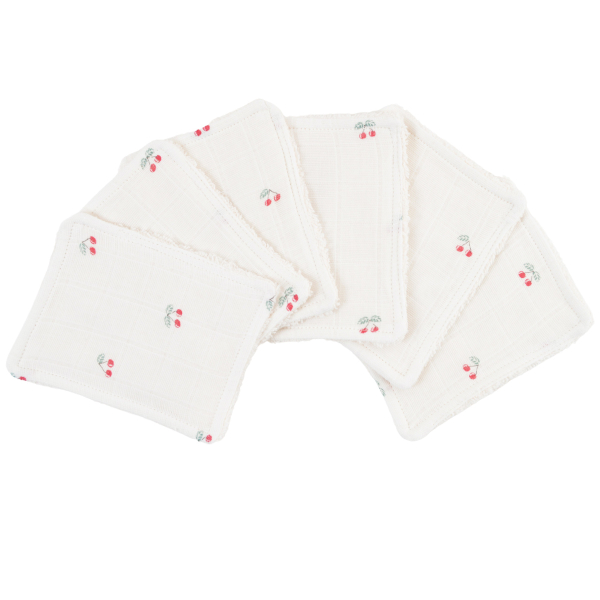 lot de 6 lingettes bébé lavables et réutilisables en lange et éponge pur coton bio écrues motif cerises